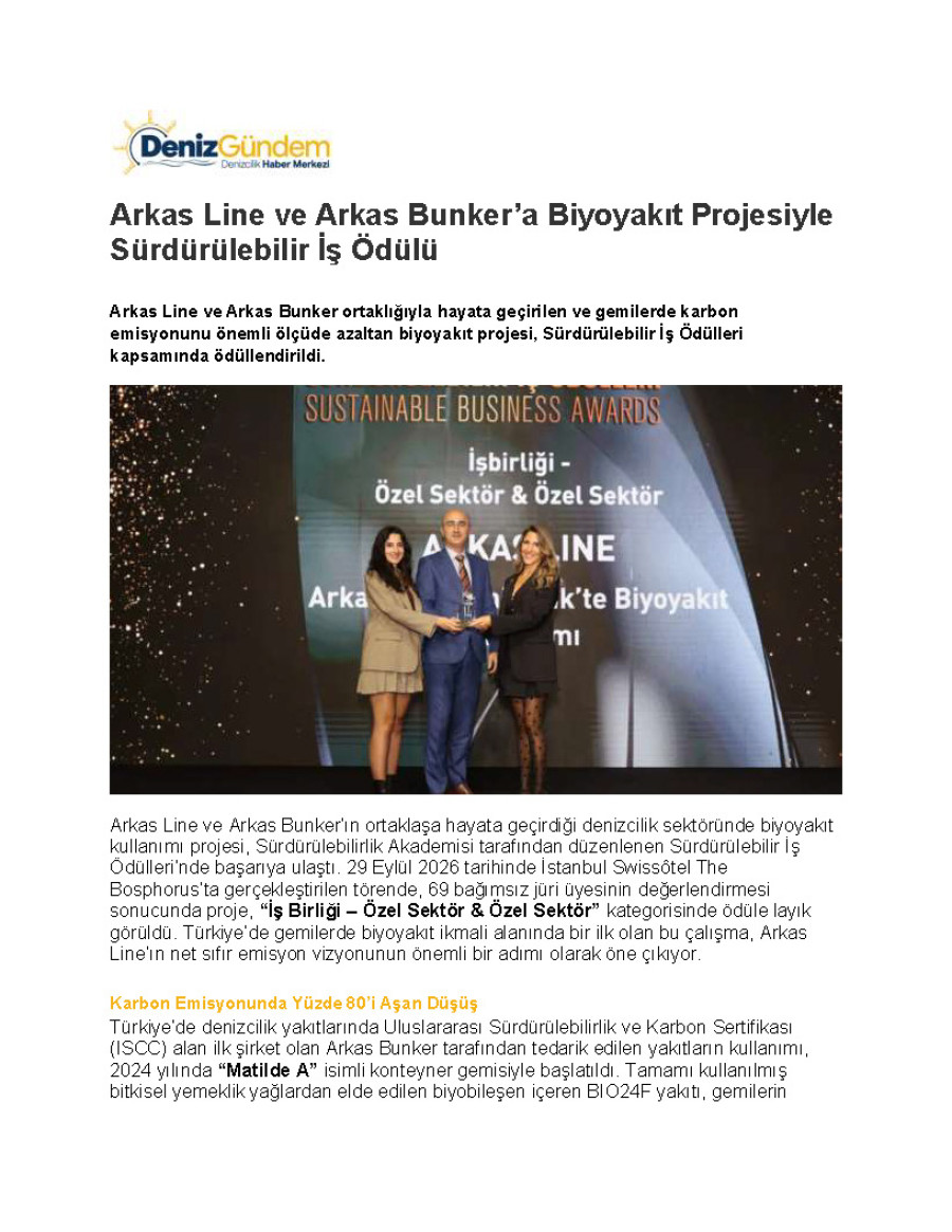 Arkas Line ve Arkas Bunker’a Biyoyakıt Projesiyle Sürdürülebilir İş Ödülü