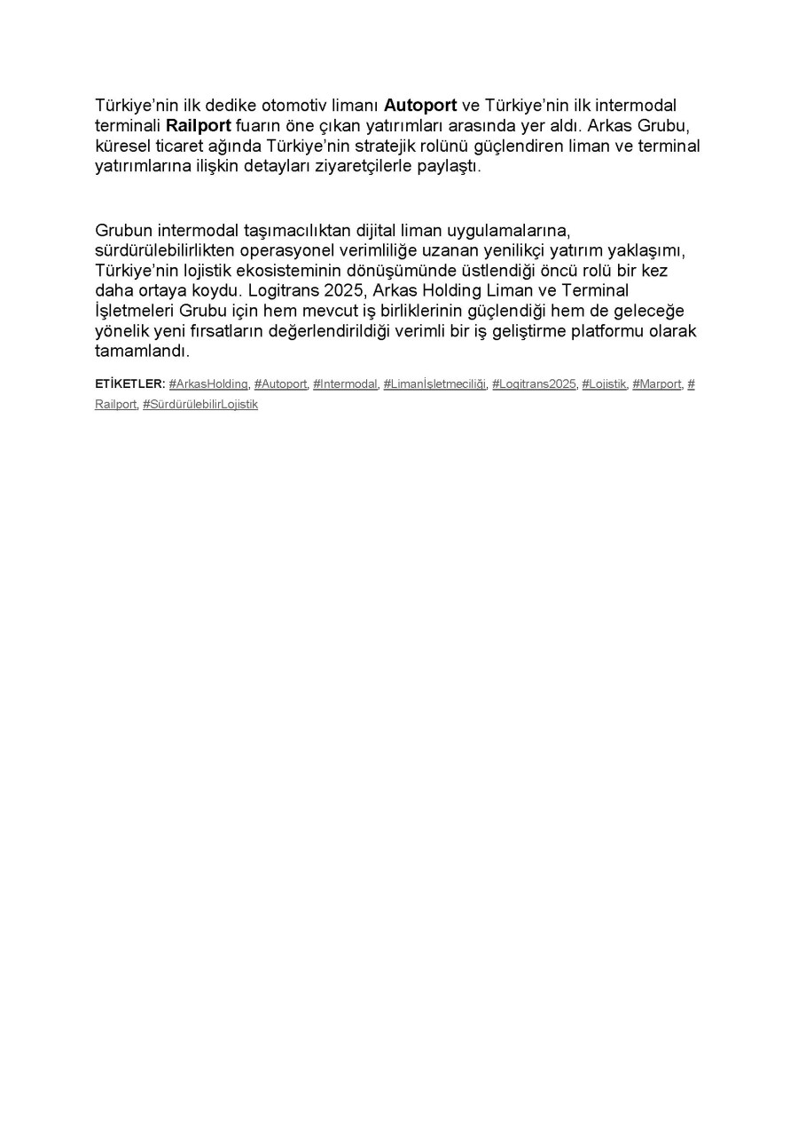 Arkas Holding Liman ve Terminal İşletmeleri Grubu, Logitrans 2025’te Lojistiğin Geleceğini Şekillendirdi