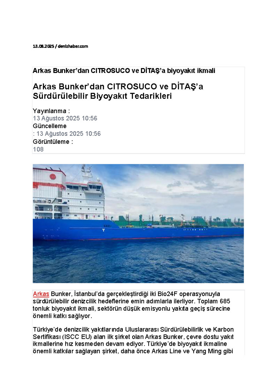 Arkas Bunker’dan Citrosuco Ve Ditaş’a Biyoyakıt İkmali