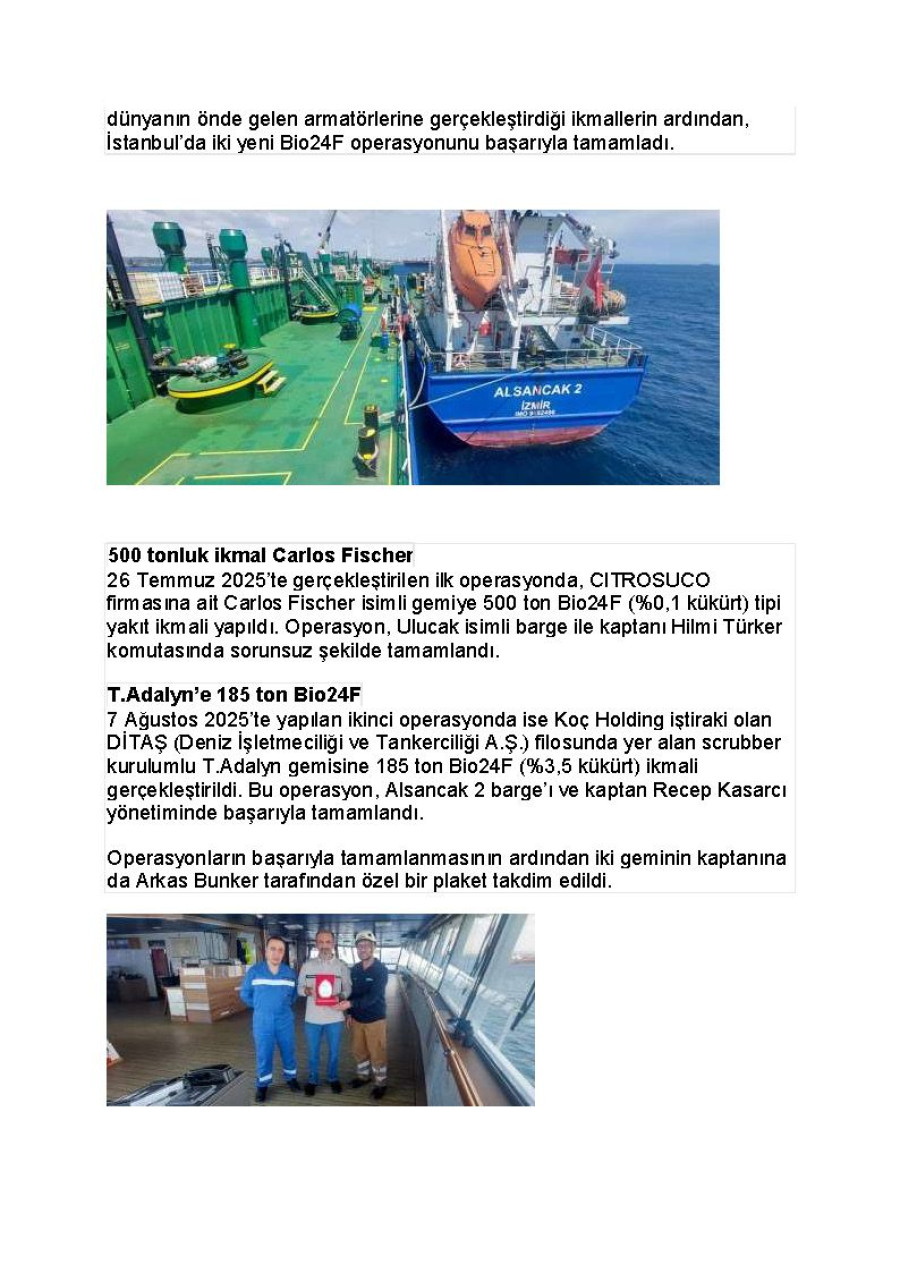 Arkas Bunker’dan Citrosuco Ve Ditaş’a Biyoyakıt İkmali