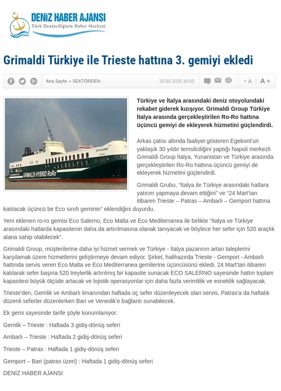 Grimaldi Türkiye ile Trieste hattına 3. gemiyi ekledi 