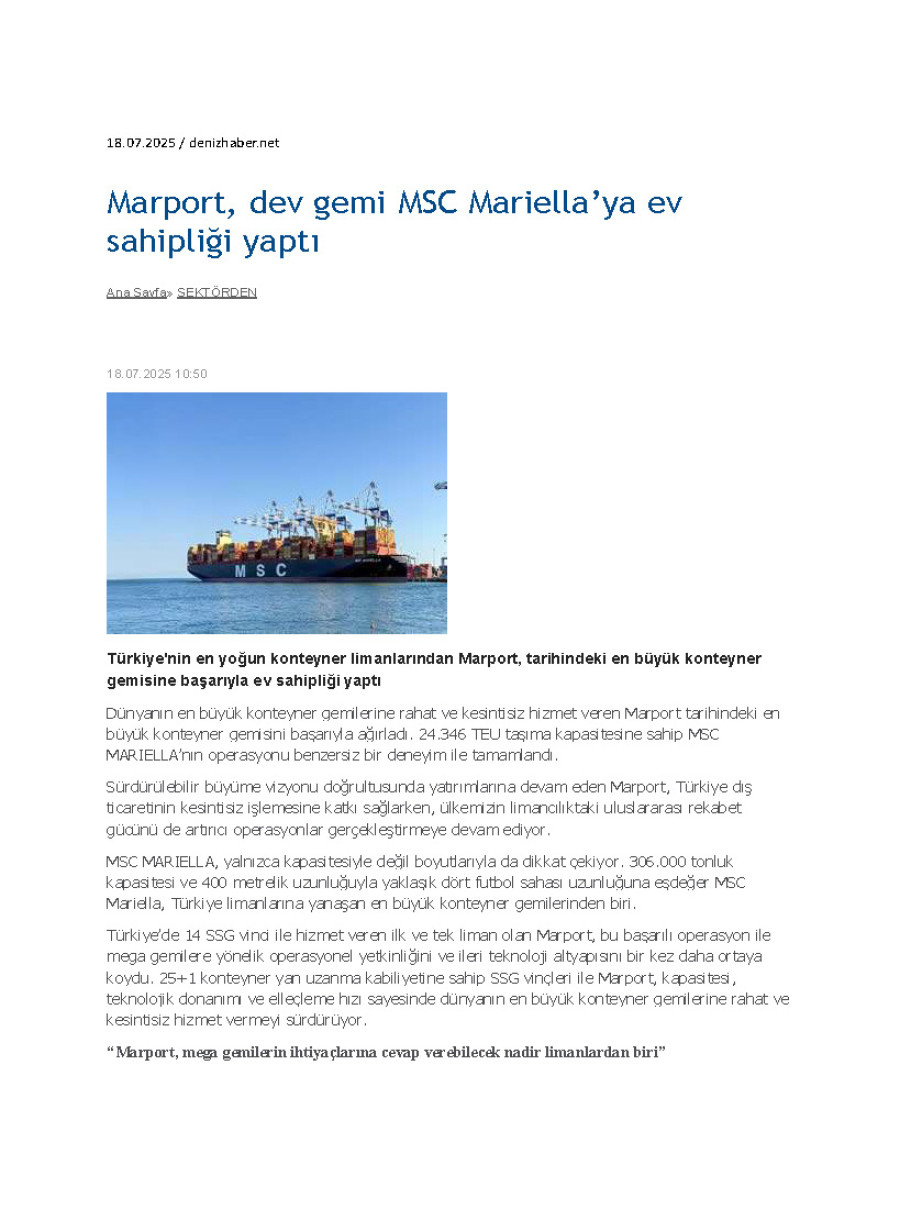Marport, Dev Gemi Msc Mariella’ya Ev Sahipliği Yaptı