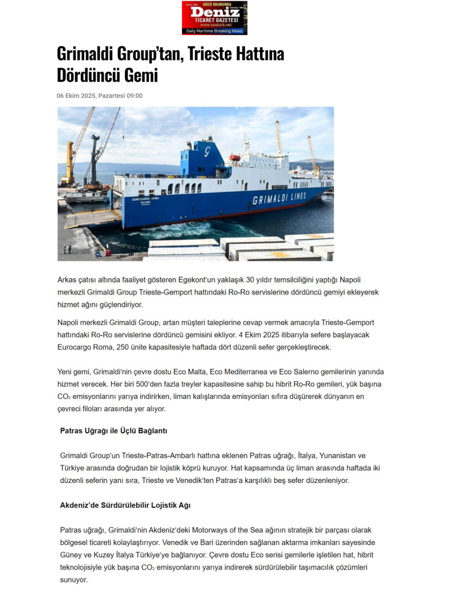 Grimaldi Group’tan, Trieste Hattına Dördüncü Gemi