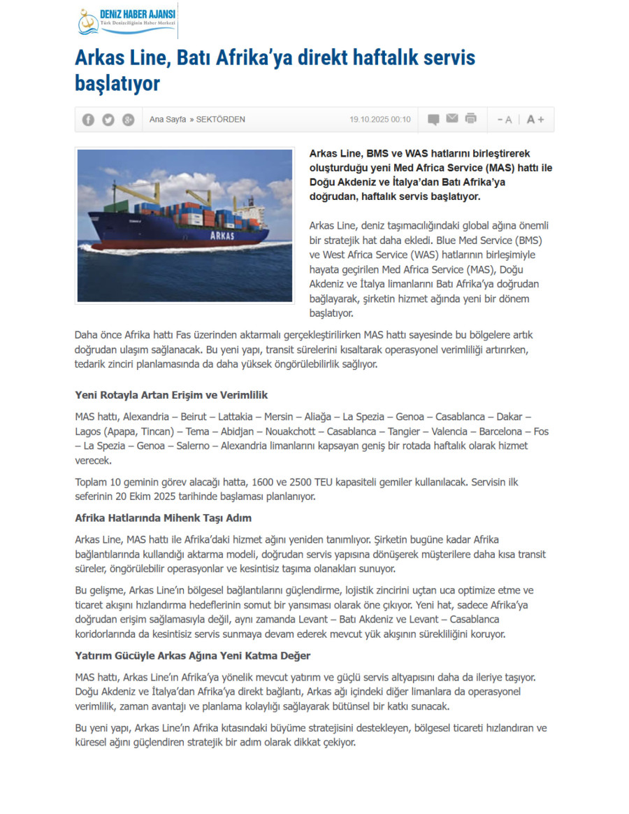 Arkas Line, Batı Afrika’ya Direkt Haftalık Servis Başlatıyor