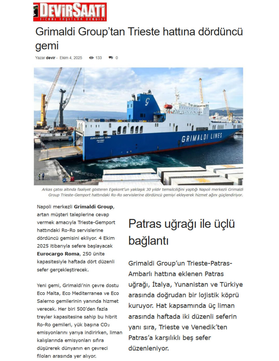 Grimaldi Group’tan Trieste Hattına Dördüncü Gemi