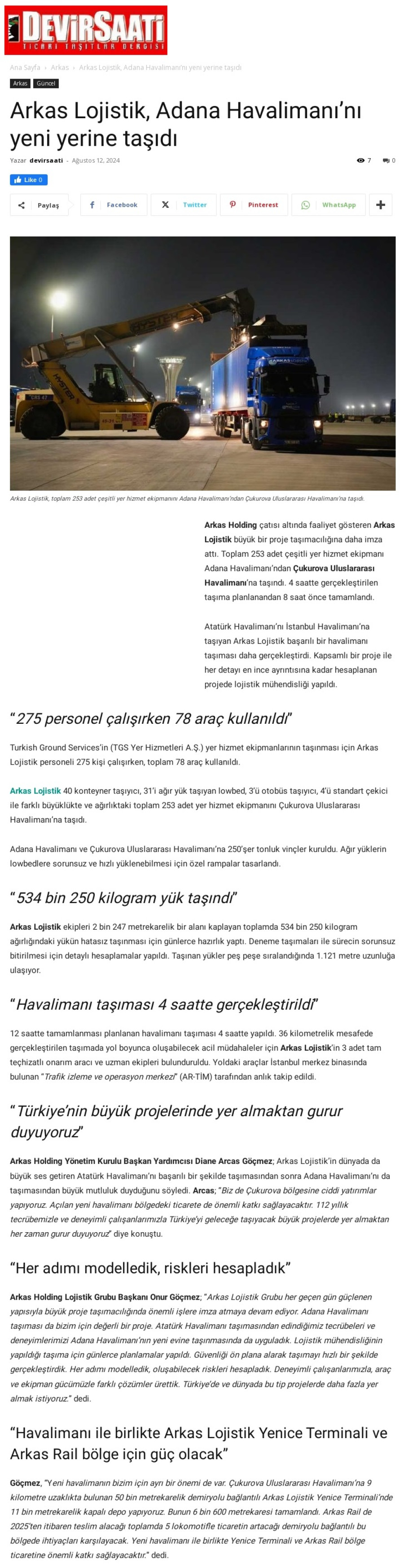 Arkas Lojistik, Adana Havalimanı'nı yeni yerine taşıdı