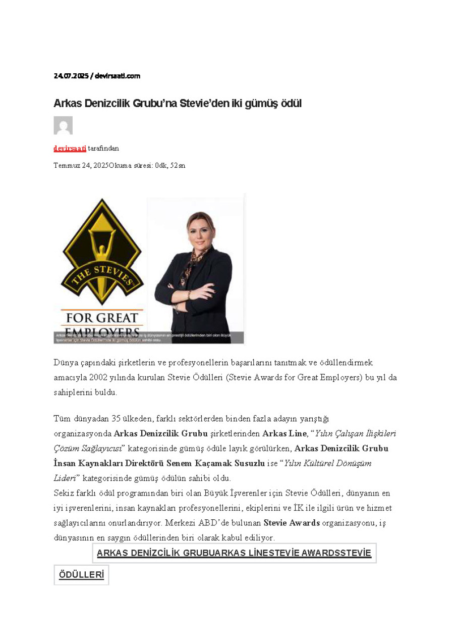 Arkas Denizcilik Grubu'na Stevie'den İki Gümüş Ödül