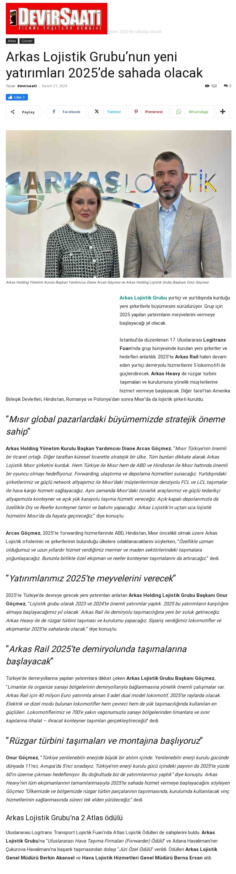 Arkas Lojistik Grubu'nun yeni yatırımları 2025'te sahada olacak 