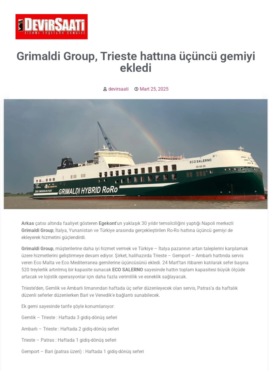 Grimaldi Group, Trieste hattına üçüncü gemiyi ekledi 