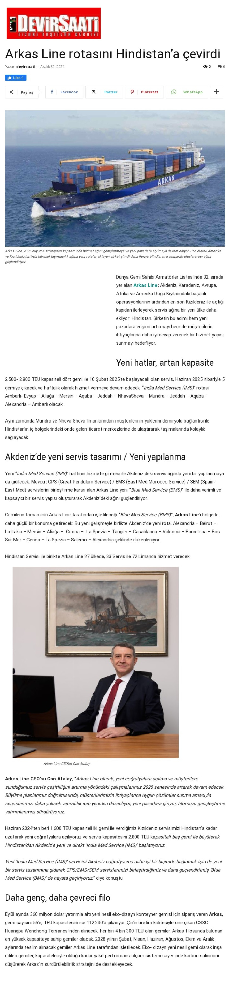 Arkas Line rotasını  Hindistan'a çevirdi