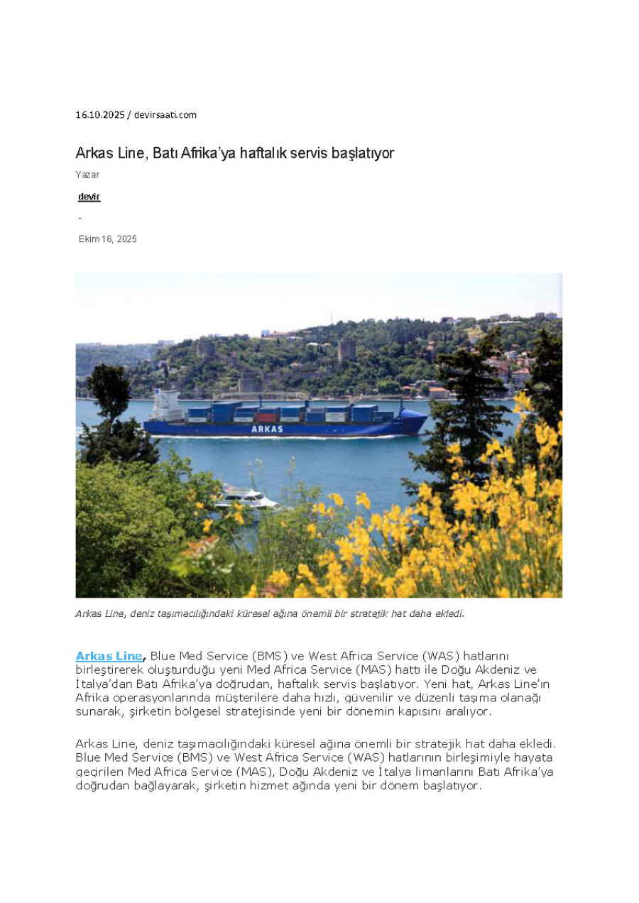 Arkas Line Batı Afrika'ya Haftalık Servis Başlatıyor