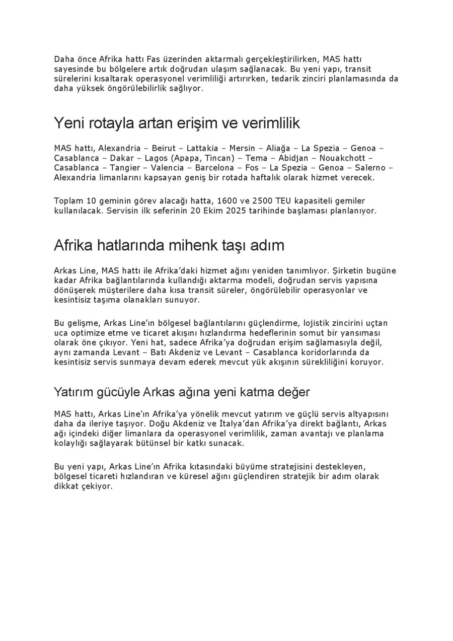 Arkas Line Batı Afrika'ya Haftalık Servis Başlatıyor