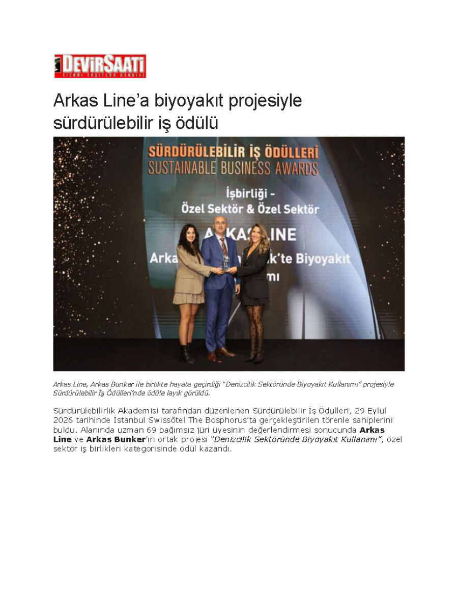 Arkas Line’a Biyoyakıt Projesiyle Sürdürülebilir İş Ödülü