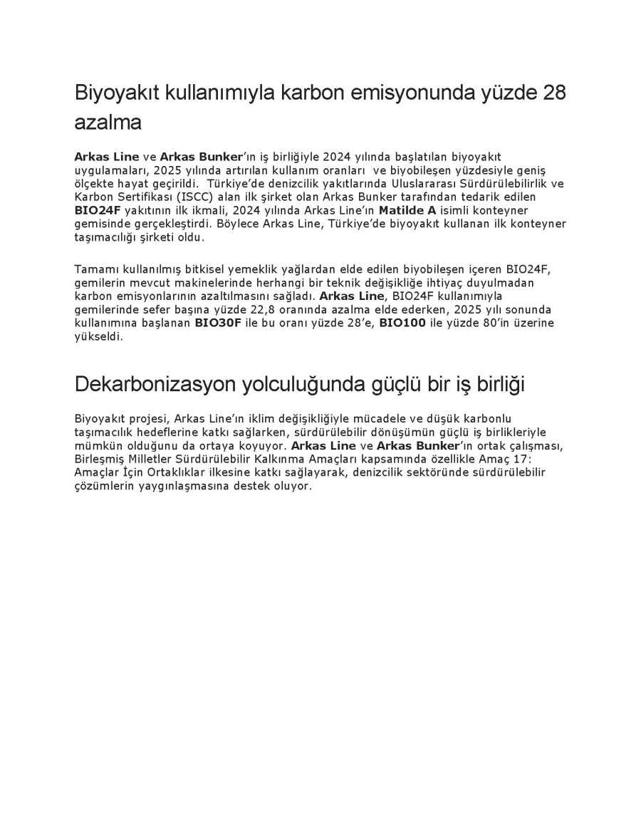 Arkas Line’a Biyoyakıt Projesiyle Sürdürülebilir İş Ödülü