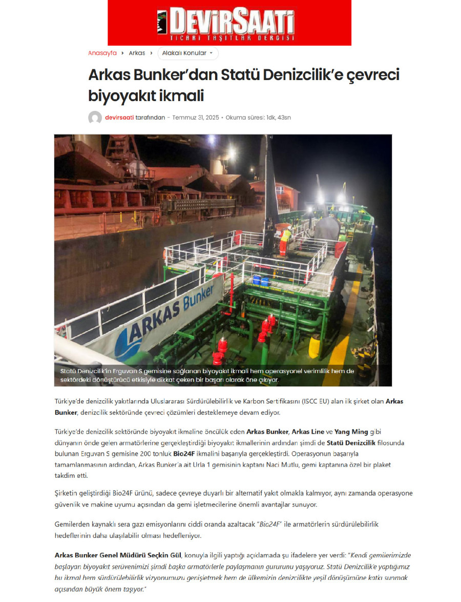 Arkas Bunker’dan Statü Denizcilik’e Çevreci Biyoyakıt İkmali