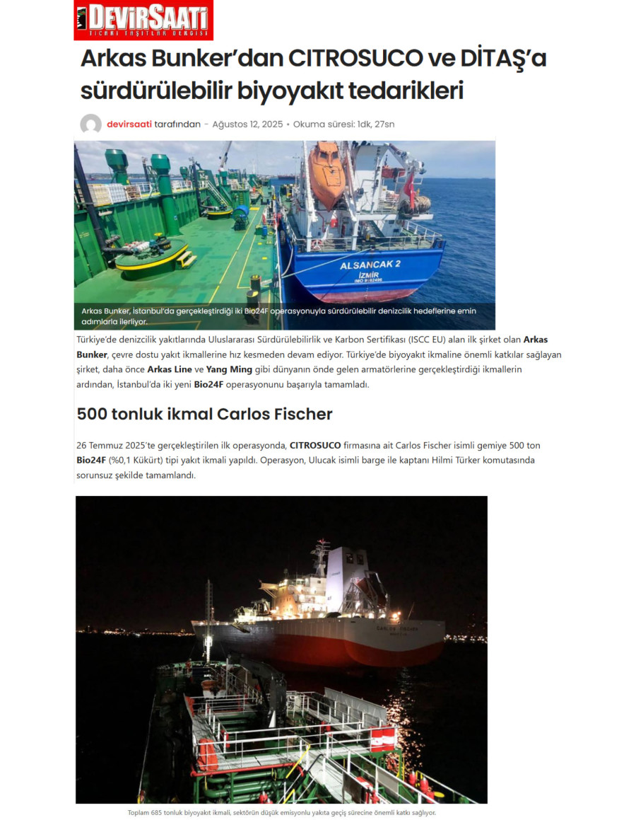 Arkas Bunker’dan CITROSUCO ve DİTAŞ’a Sürdürülebilir Biyoyakıt Tedarikleri