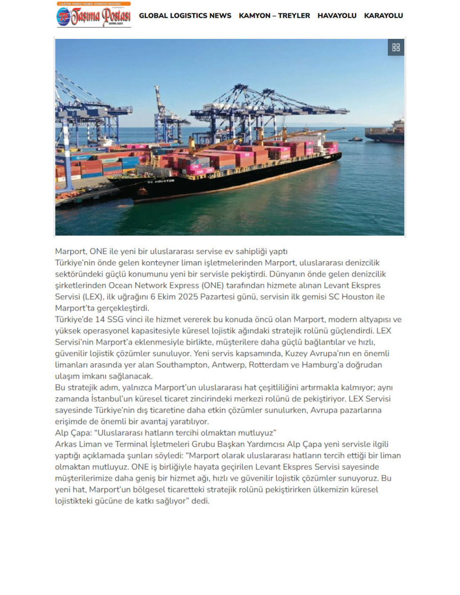 Marport, Küresel Lojistik Ağındaki Stratejik Rolünü Yeni Servisle Güçlendiriyor