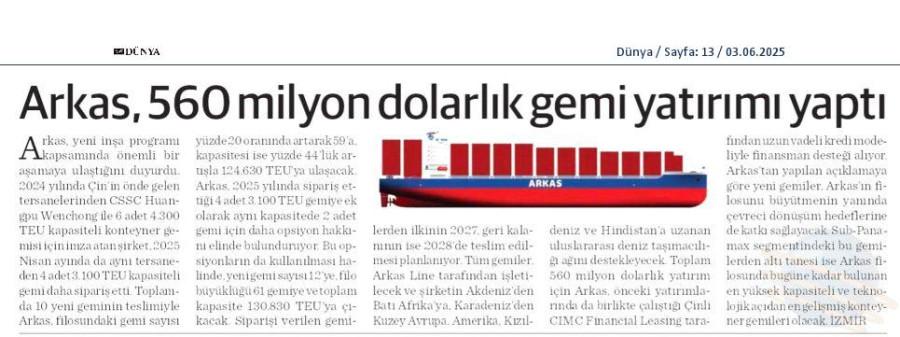 Arkas 560 Milyon Dolarlık Gemi Yatırımı 