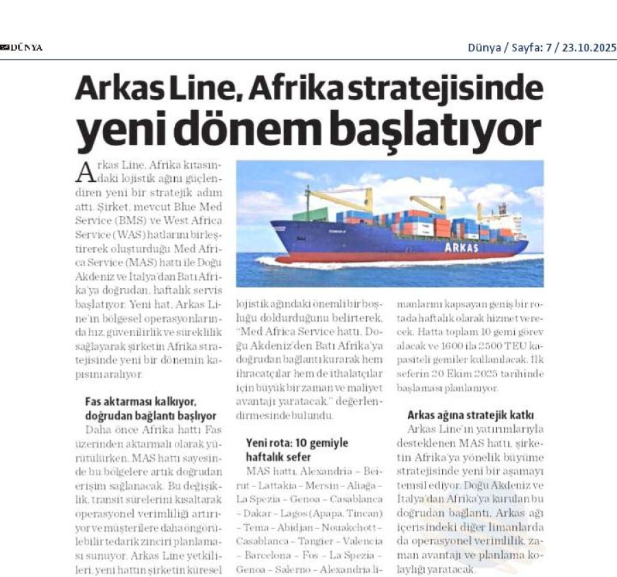 Arkas Line, Afrika Stratejisinde Yeni Dönem Başlatıyor