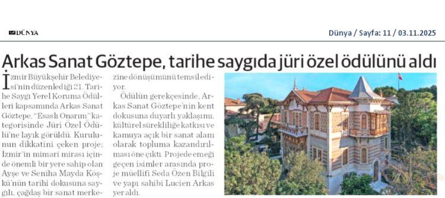 Arkas Sanat Göztepe, Tarihe Saygıda Jüri Özel Ödülü Aldı