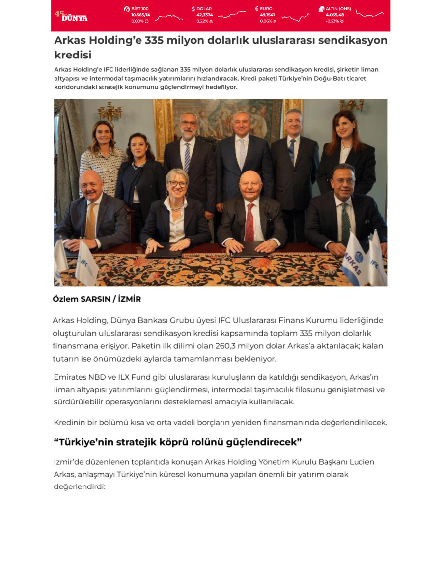 Arkas Holding’e 335 Milyon Dolarlık Uluslararası Sendikasyon Kredisi