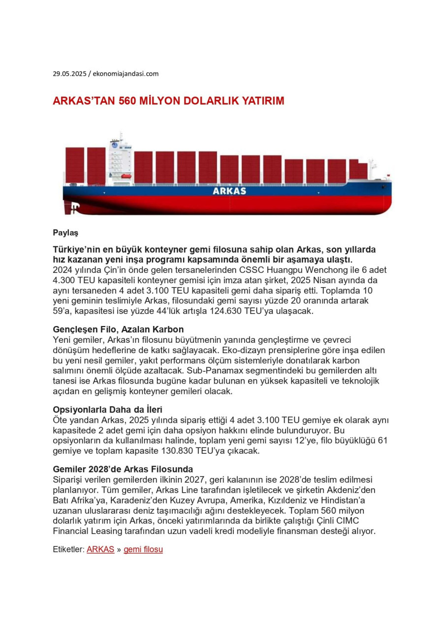 Arkas'tan 560 Milyon  Dolarlık Yatırım
