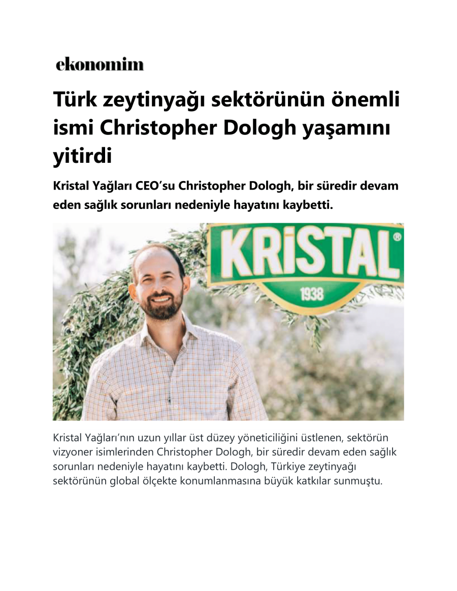 Türk Zeytinyağı Sektörünün Önemli İsmi Christopher Dologh Yaşamını Yitirdi