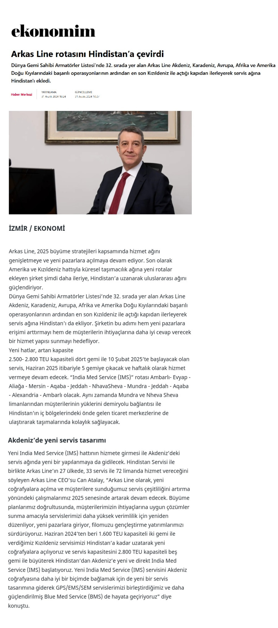 Arkas Line rotasını Hindistan'a çevirdi