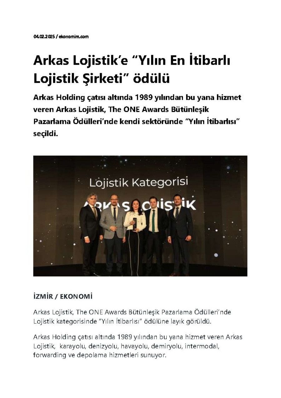 Arkas Lojistik’e “Yılın En İtibarlı Lojistik Şirketi” ödülü