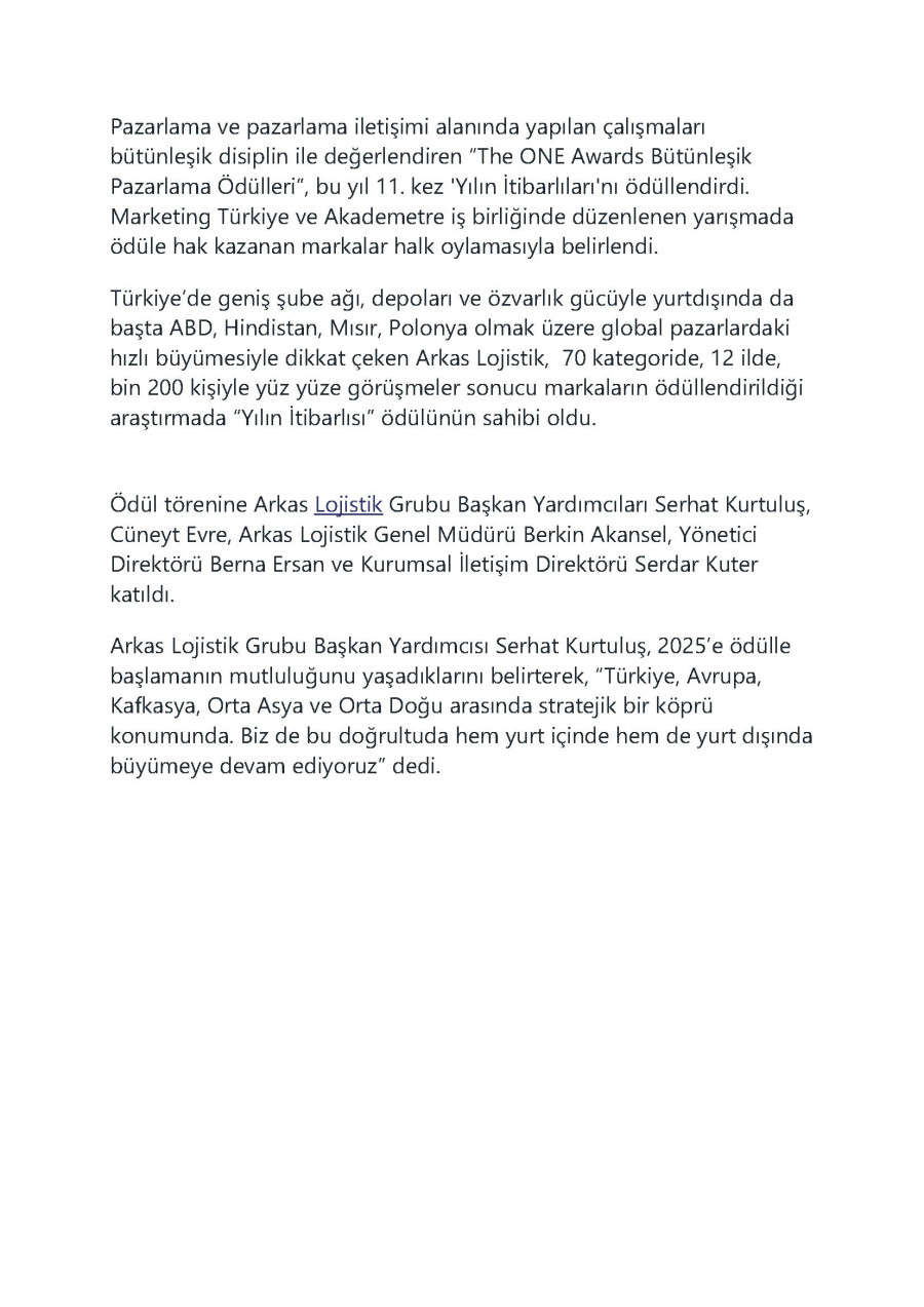 Arkas Lojistik’e “Yılın En İtibarlı Lojistik Şirketi” ödülü