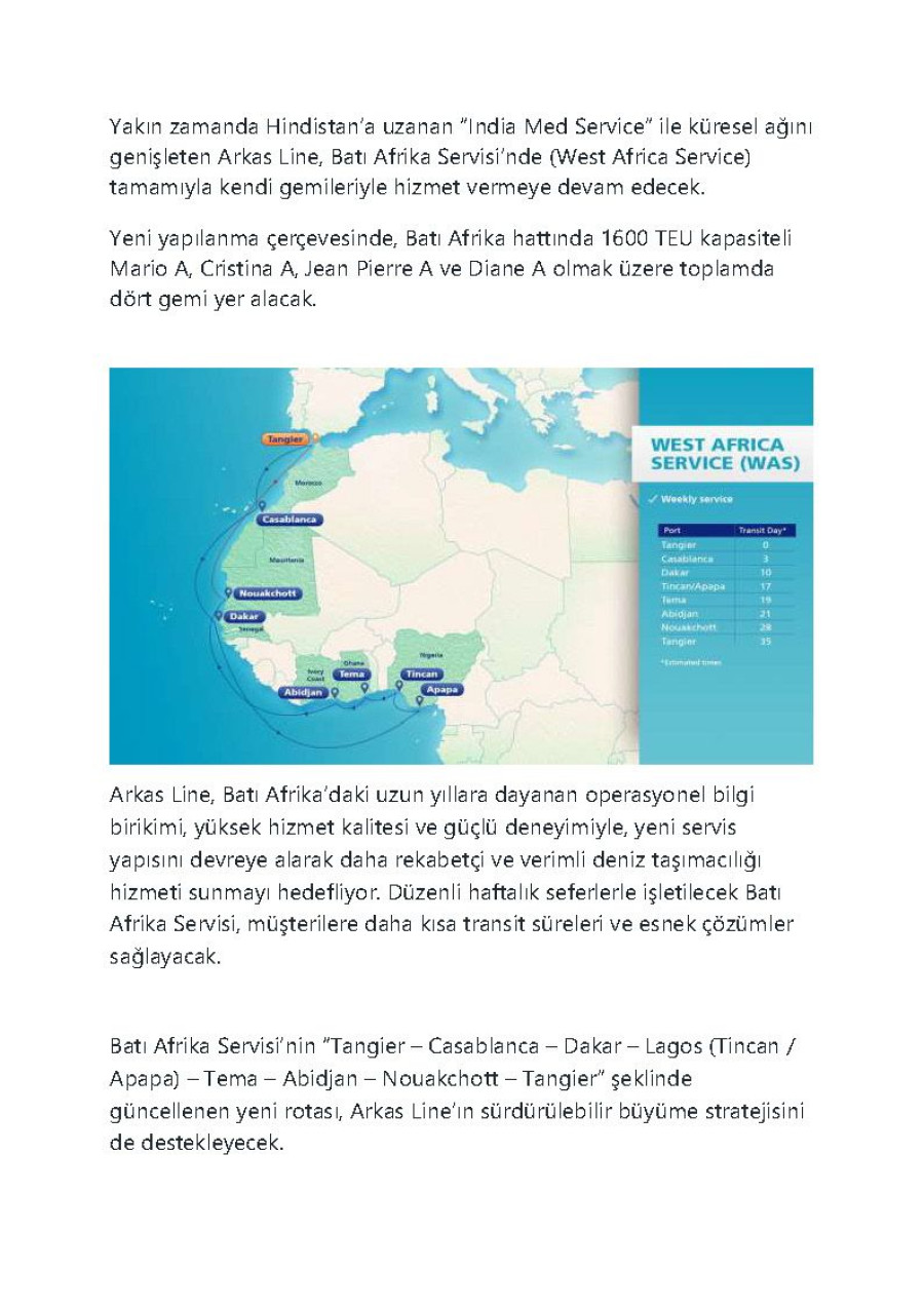 Arkas Line yeni yatırımla Batı Afrika Servisini Güçlendiriyor