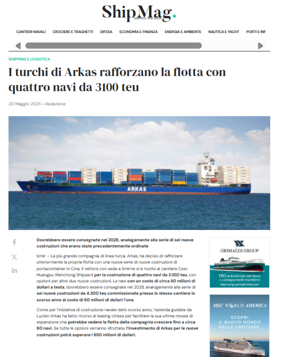 I turchi di Arkas rafforzano la flotta con quattro navi da 3100 teu