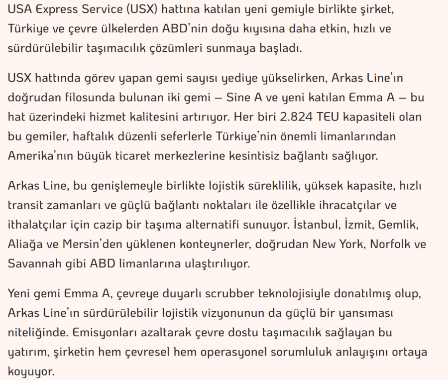 ARKAS LİNE ABD HATTINDA KAPASİTESİNİ İKİYE KATLADI