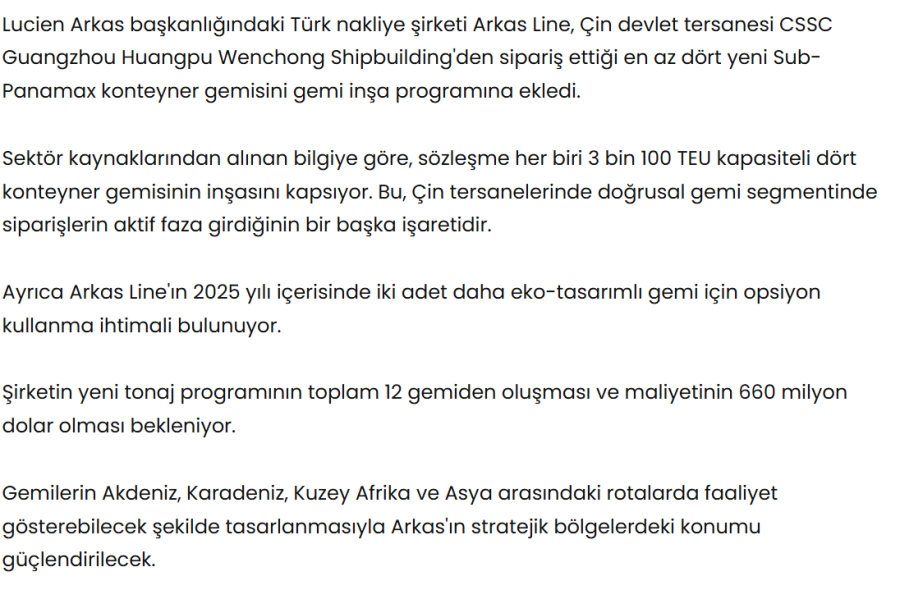 Arkas Line Çin'e Dönüyor