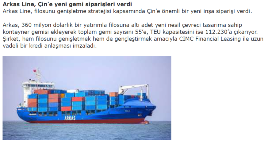 Arkas Line, Çin’e Yeni Gemi Siparişleri Verdi