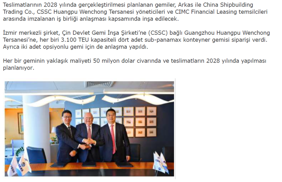 Arkas Line, Çin’e Yeni Gemi Siparişleri Verdi