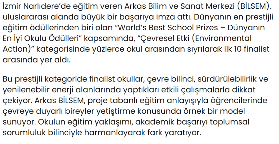 İzmir'den Arkas Bilim Ve Sanat Merkezi, Dünyanın En İyi Okulları Arasında İlk 10'a Girdi