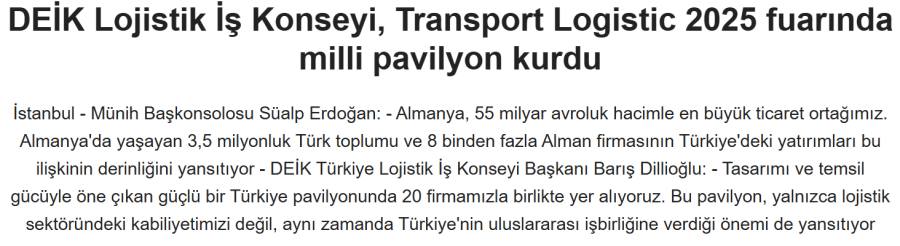 DEİK Lojistik İş Konseyi, Transport Logistic 2025 Fuarında Milli Pavilyon Kurdu