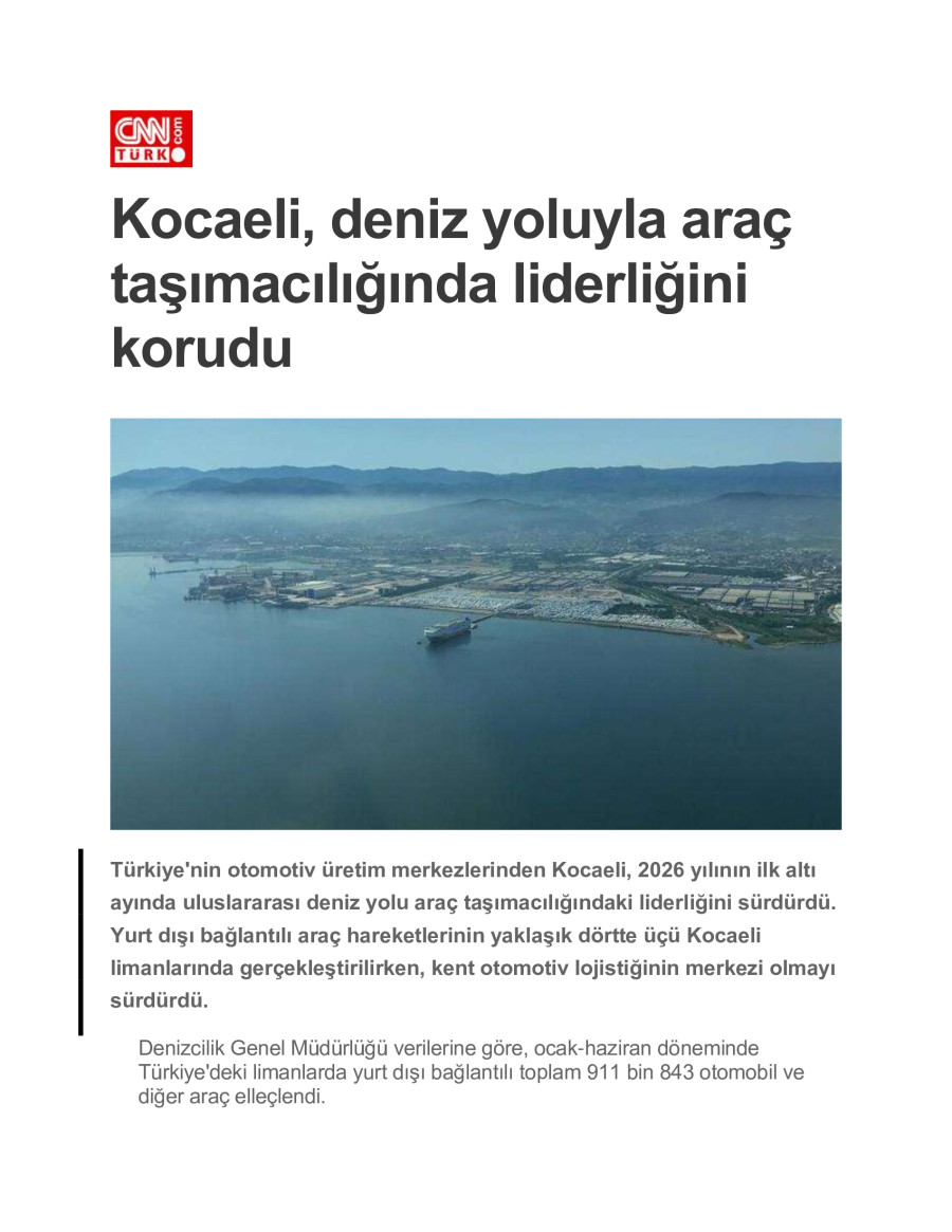 Kocaeli, deniz yoluyla araç  taşımacılığında liderliğini  korudu