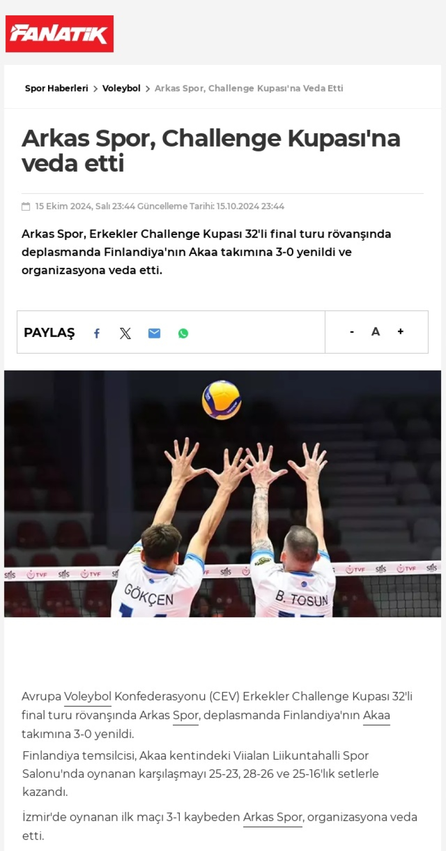 Arkas Spor, Challenge Kupası'na veda etti