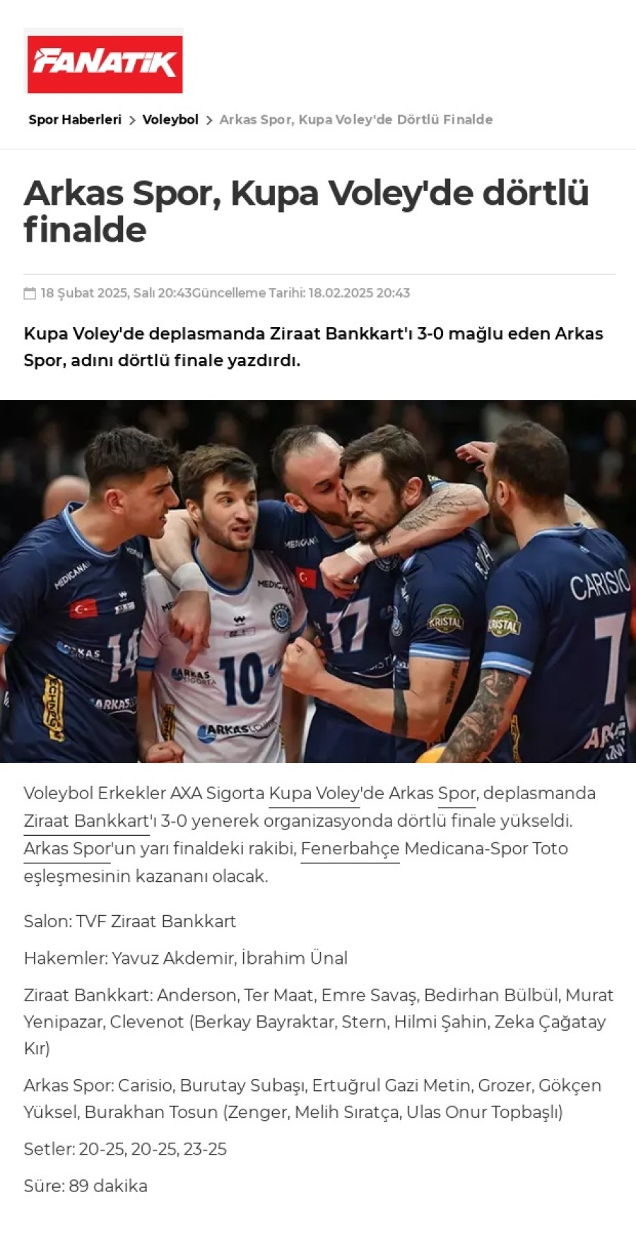 Arkas Spor, Kupa Voley'de dörtlü finalde
