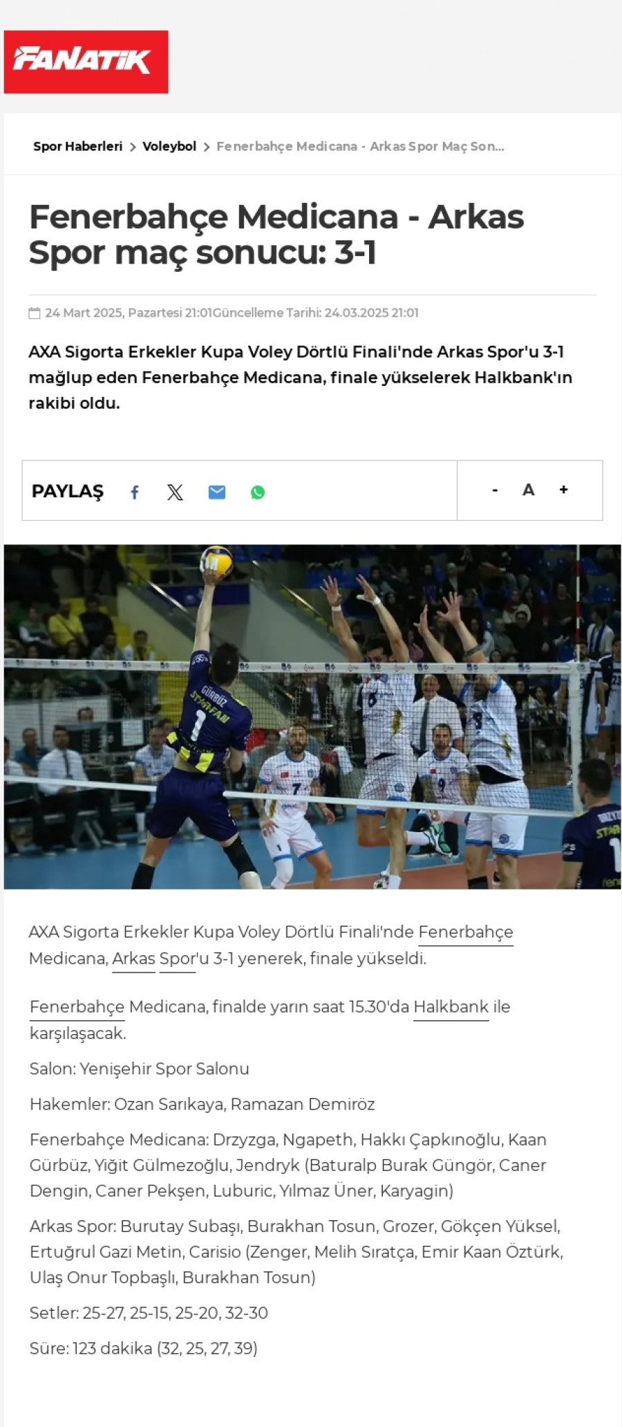 Fenerbahçe Medicana - Arkas Spor maç sonucu: 3-1