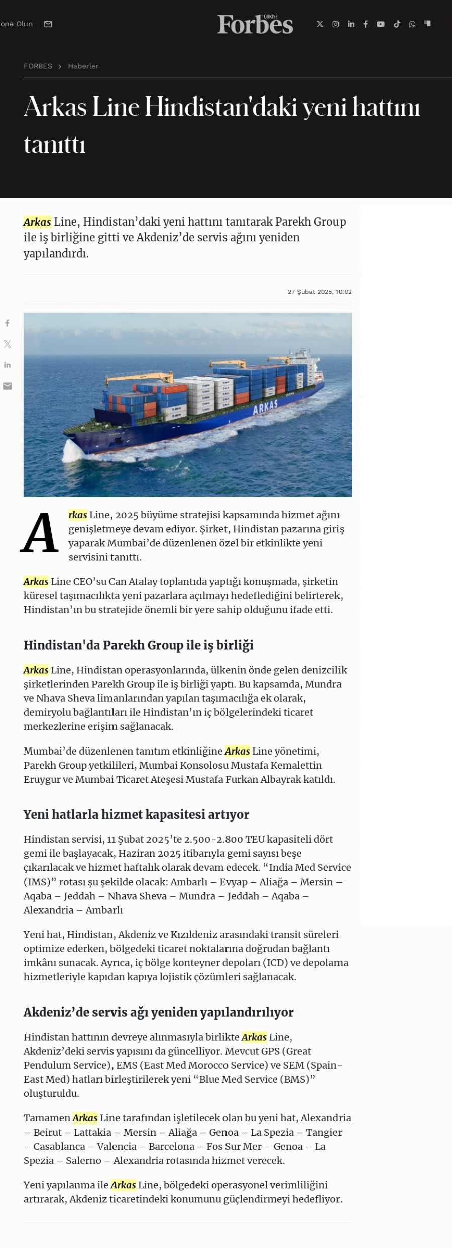 Arkas Line Hindistan'daki yeni hattını tanıttı