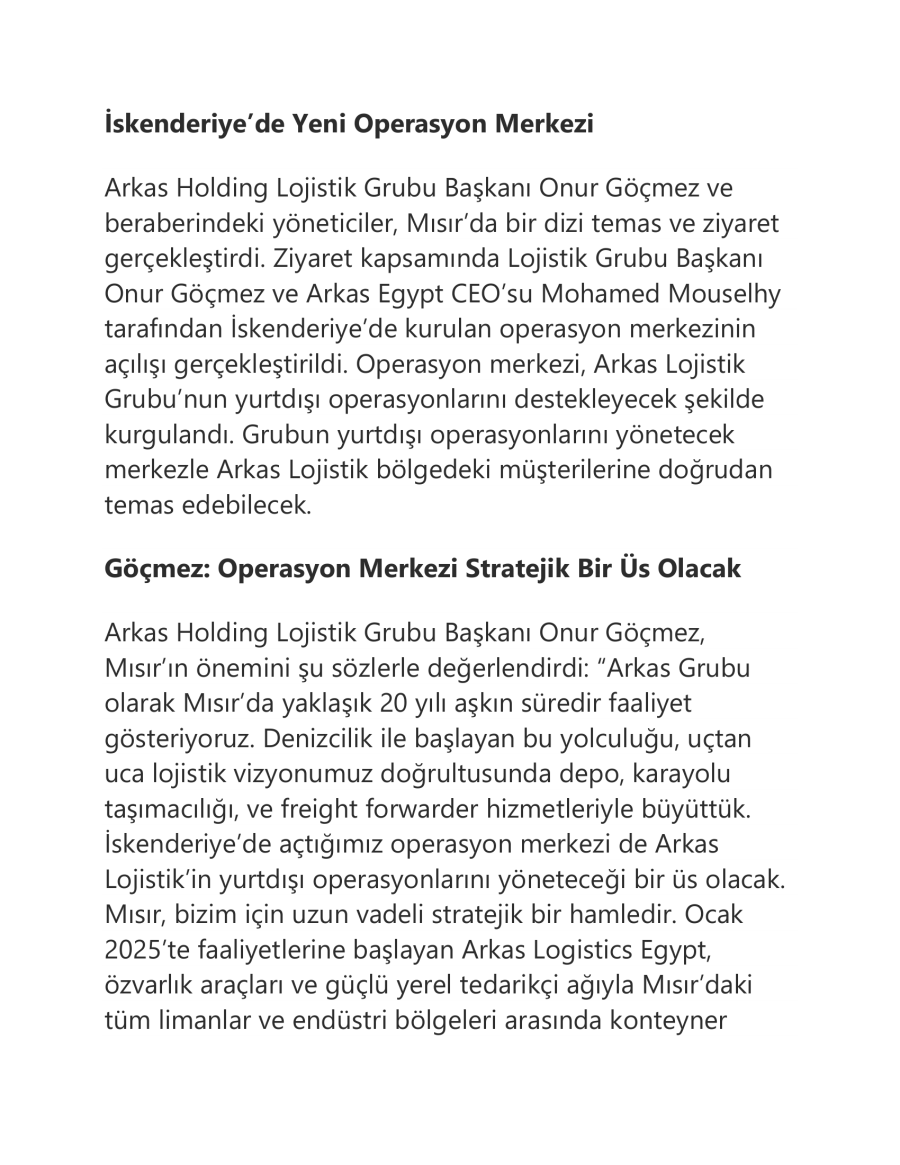 Arkas Lojistik Mısır’da Operasyon Merkezi Kurdu