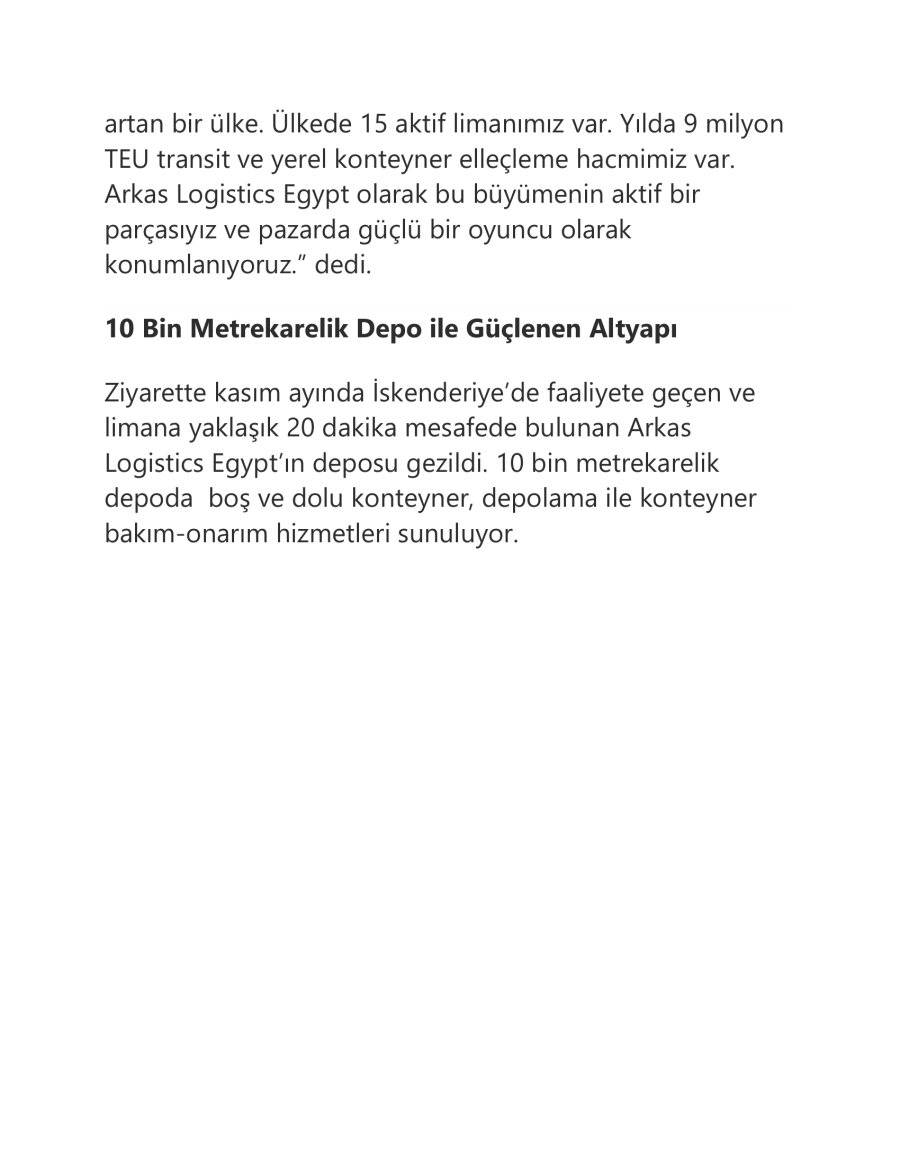Arkas Lojistik Mısır’da Operasyon Merkezi Kurdu