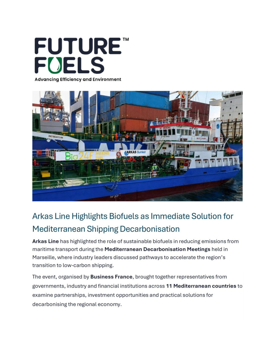 Arkas Line Highlights Biofuels as Immediate Solution for  Mediterranean Shipping Decarbonisation 