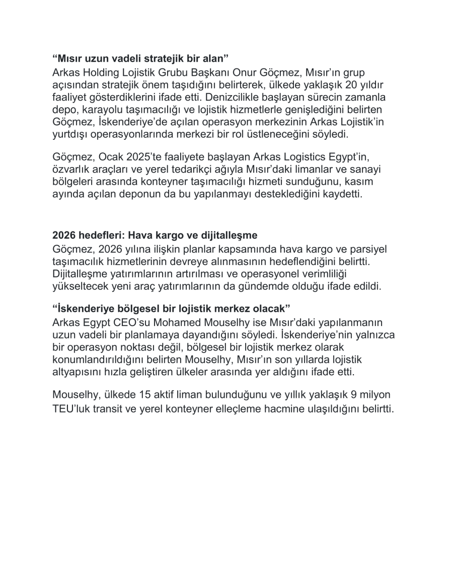 Arkas Lojistik Mısır’da Operasyon Merkezi Açtı