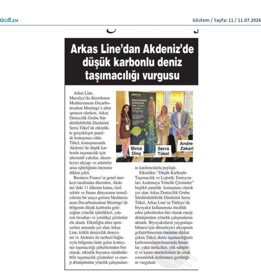 Arkas Line'dan Akdeniz'de Düşük Karbonlu Deniz Taşımacılığı Vurgusu