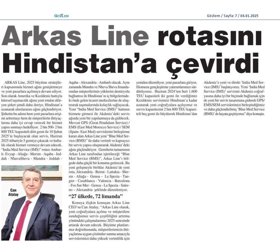 Arkas Line rotasını  Hindistan'a çevirdi 