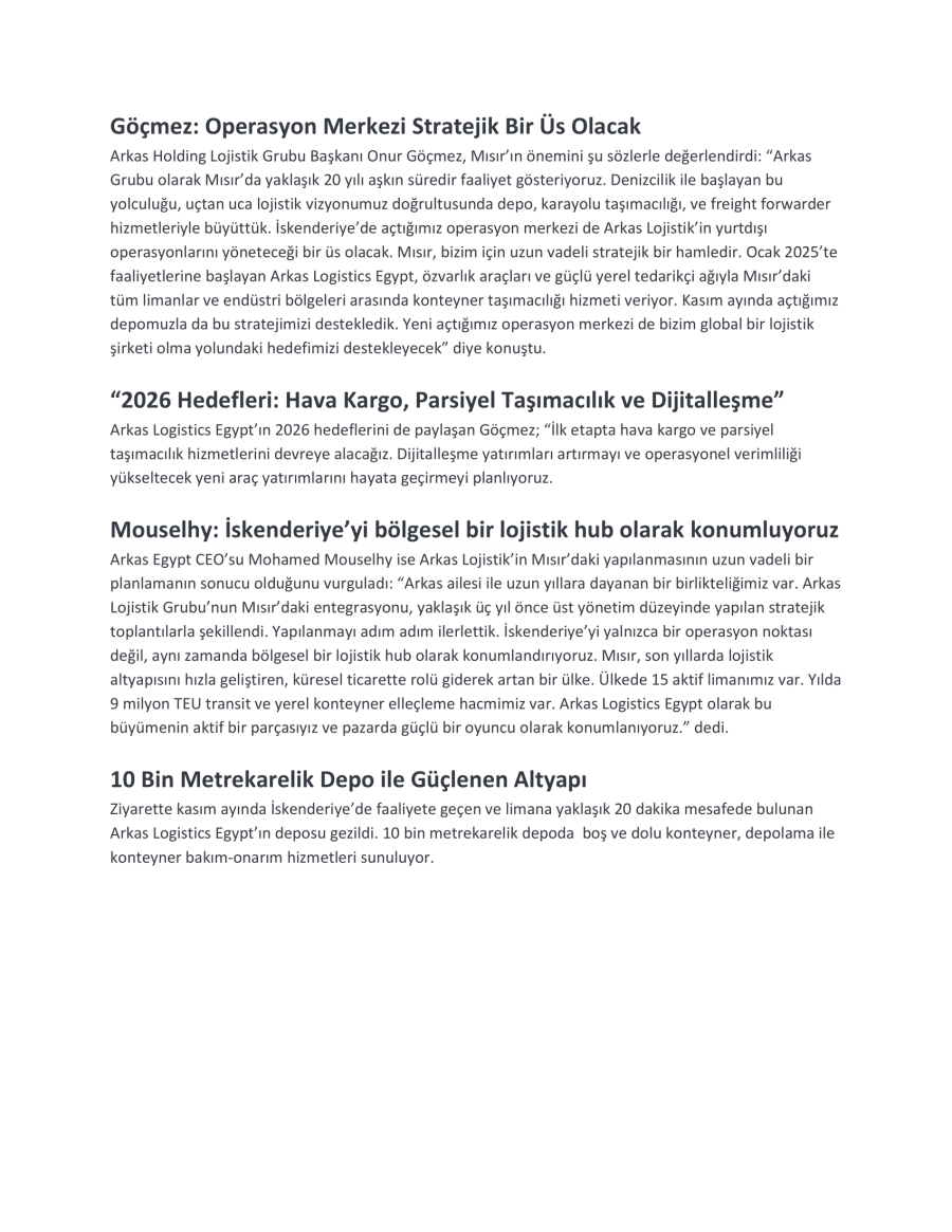 Arkas Lojistik Mısır'da Operasyon Merkezi Kurdu